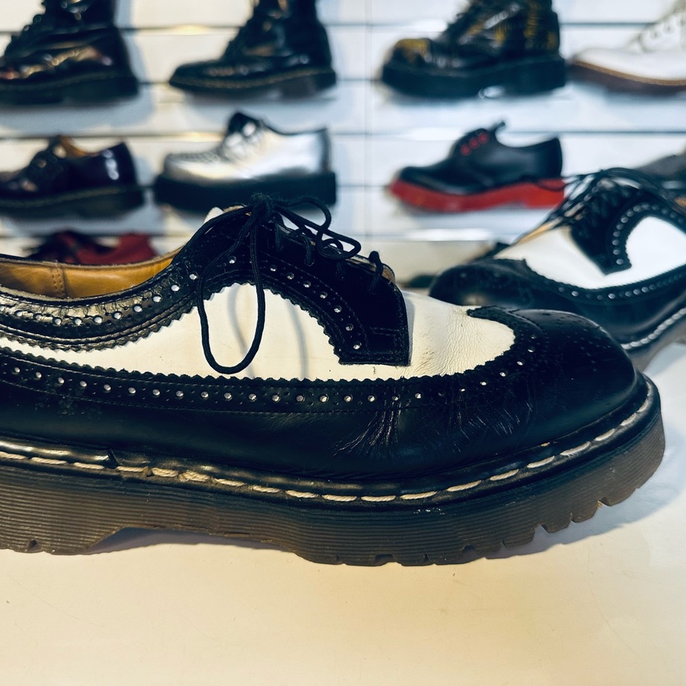 Dr. Martens Vintage Black and White Wingtip Oxfords w/ White Stitching - England